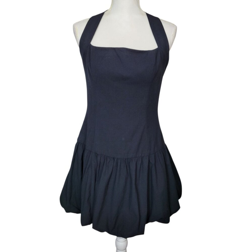 Reformation Babette Black Halter Mini Dress Drop Waist Bubble Hem Size 6
